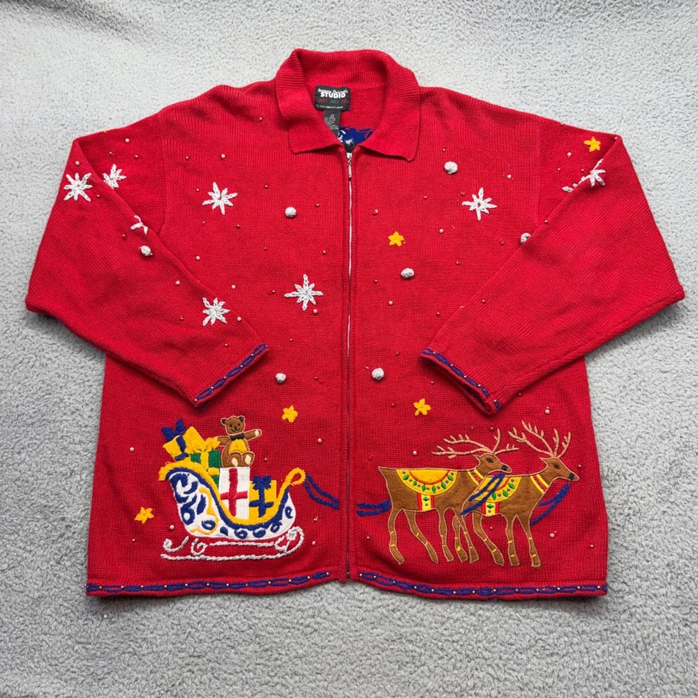 Designers Originals Studio Size 2X Reindeer Santa Christmas Zip Cardigan Sweater